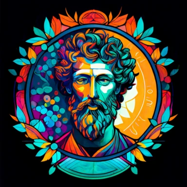 a portrait of Marcus Aurelius, looking directly at us, style is too much fantasy ART NOUVEAU, bright colors, influenced by the style of Eyvind Earle, stained glass window, clipart, white background
