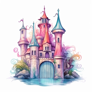 Pastel Cute Beautiful Fairy Castle Cora of Mermaid Sublimation Clipart,Cartoon, hyper realistic, intricate detail, illustration style,high solution,on the white background