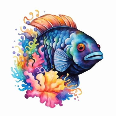 rainbow fish and coral illustration clipart, detailed, black outline, white background, 4k, watercolor, digital art