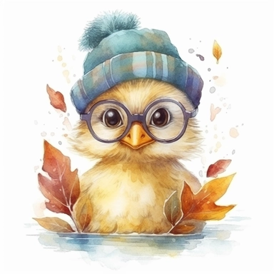 Cute duck BABY WITH GLASSES AND CAP, BIG BEAUTIFUL SHINNING EYES, HEAD TWISTED DOWN TO THE SIDE, Watercolor Little Animals Clipart, LEAVES AND TREE , winter