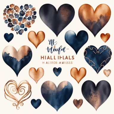 watercolor heart shapes, clipart collection, copper and navy tones, on white background