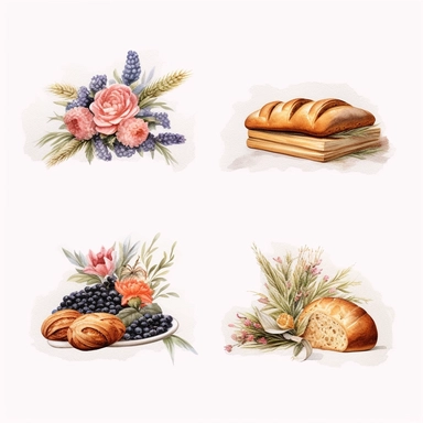 4 watercolor cliparts of neoclassical delicious bread with flowers integrated on it, yaka art, Hyperrealistic still life, aurorapunk, 1990s, appropriation artist, hellenistic art