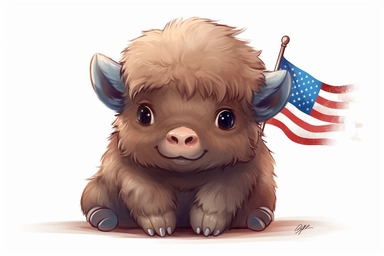 Cute baby Bison in Independence Day clipart, cartoon, white background,
