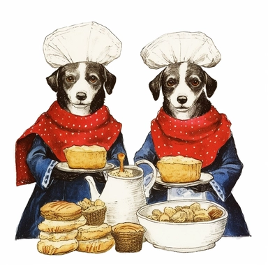vintage cute dogs baking, wearing clothes, in the style of edward gorey, clipart, white background