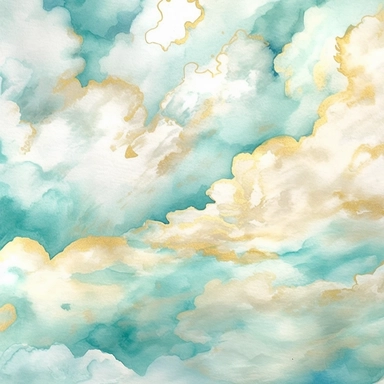 aqua clipart, Watercolor paper, pale colors, gold striated, summer clouds, romantic, white background , pre-raphaelite, abstract