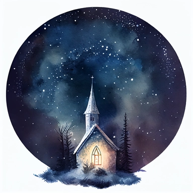 cute Christmas watercolor clipart with a little church in circle, night sky with sparkling background,