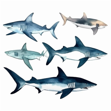 A set of 10 unique watercolor sharks clipart with sharp borders and a white background. Each shark is meticulously hand-painted using watercolors and then digitized to maintain the richness and vibrancy of the original artwork. The sharks are separated from each other, with no overlapping or blending, allowing for easy use in various design projects. The margins are carefully crafted to ensure a seamless integration into any layout or composition. Whether used in educational materials or as part