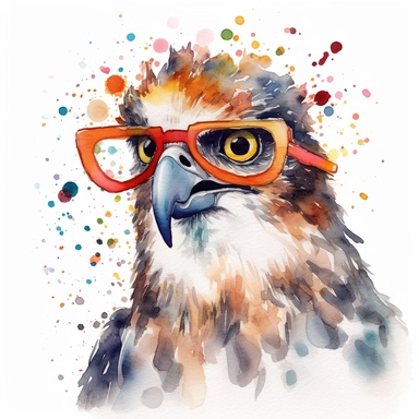 please create watercolor clipart of a hawk smiling, wearing party GLASSES AND PARTY POPPERS, colorful, WHITE BACKGROUND