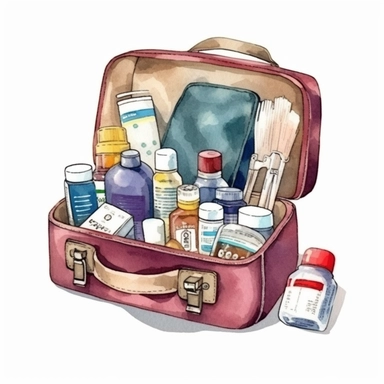 first aid kit with medical equipment,Watercolor style, Clipart,on white background with margins