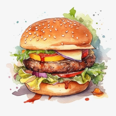 Aquarel hamburger clipart, Hamburger met friet clipart