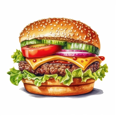 a watercolor, hyper-realistic clipart image with a white background and white margins, showcasing a classic cheeseburger with a juicy beef patty, melted cheese, lettuce, tomatoes, and pickles. The ultra-detailed, hand-drawn elements capture the textures and colors of the burger ingredients. Use bold shades of brown, green, and red to evoke the mouthwatering and indulgent nature of this fast food staple