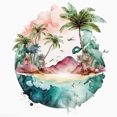 Watercolor Pastel Hawaii Clipart - watercolor surfing tropical island on white background