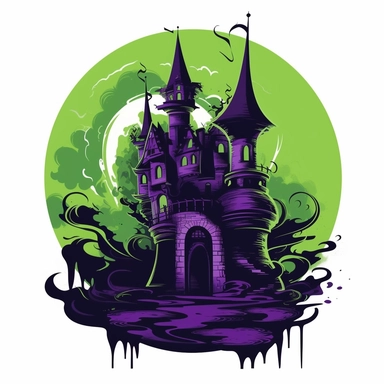 Belladona one witch castle clipart, clean lines, dark colors green black purple, horror style, white background