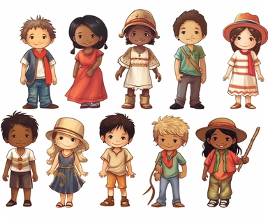 Clipart on a white background, cute adorable children from around the world, children of different races and cultures, african, american, asian, jaspan, russain, pacific islander, spanish, mexican, south america, all wearing clothes from their native coun