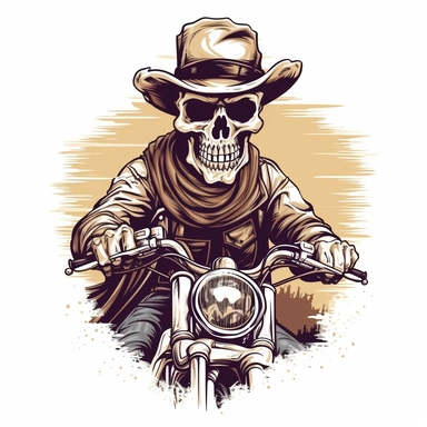 skull headed motorcyclist on a harley looking like a old western cowboy white background clipart c 100