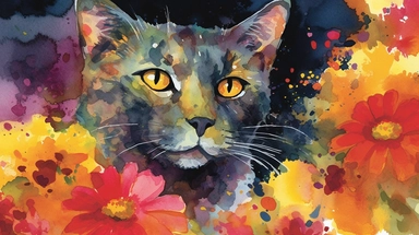 A vibrant watercolor of a single cat rendered as a digital clipart, drawing inspiration from the bold, expressive blooms found in Emil Nolde's garden paintings, featuring a vivid color palette that captures the flowers' natural radiance, illuminated by bright, contrasting light that emphasizes the rich, saturated hues and dynamic brushwork, and composed using an organic, free-flowing layout that conveys a sense of movement and growth.