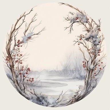 stunning christmas frame made of snowy branches , beautiful Christmas clipart, soft faded colors, beautiful watercolor art by Marjolein Bastin, Thomas Kinkade, Carl Larsson, Norman Rockwell, Susan Wheeler