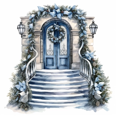 vector watercolor cute blue and silver vintage Christmas porch clipart on white background, winter, blue and silver color scheme, winter vintag holiday Christmas porch, photorealistic, ultrarealistic, no background, on white