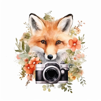 one foxe with floral crown clip art trên nền trắng, in the style of fujifilm gw690iii, appropriated images, detailed nature depictions, no watermark, text, 300 DPI , typography, shapes do not stick together, no text in the picture, on a white background