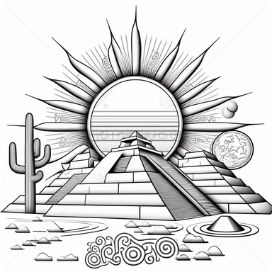 Sun, combine Mexican and Egyptian pyramides, 5b887445-1ac4-44a1-97ca-12fa2278b91f , Contour Drawing, surreal fantasy abstract drawing, texture. 2D, symmetric, in the style of line art coloring page, black and white, vector drawing style, clipart, white background