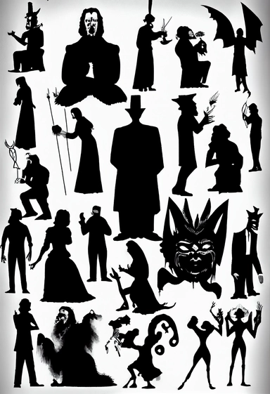 silhouettes of swindlers, monks, demons, mythological characters, disguised people, magicians, fools, lunatics, soldiers, priests, devils, fauns, angels, jugglers, cops, clowns, madmen. Bizarre, whimsical, random, victorian, theatrical, funny. Black and white clipart collection, white background