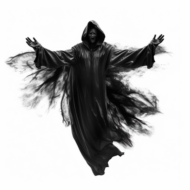 DEATH APPARENT IN BLACK CLOTHES WITHOUT A FACE FLYING SCARY CLIPART ON A WHITE BACKGROUND