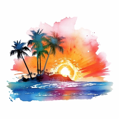 watercolor, beach sunset, waves, beach, palm trees, beautiful, clip art, multiple colors, cute, cartoonish, white background