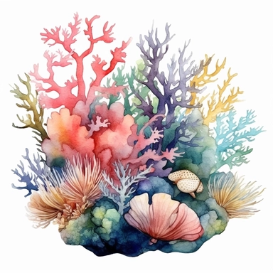 coral reef, underwater plants, colorful, watercolor clipart, white background, HD