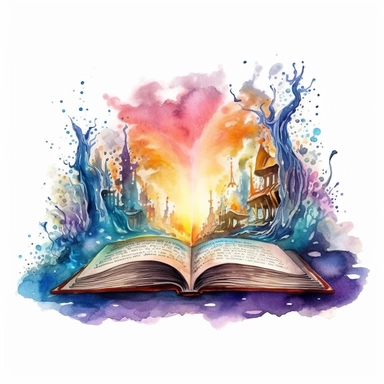 A captivating watercolor clipart of a vintage, magical open book with a hell-inspired fantasy world drawn above it, creating a portal-like effect, perfect for vintage-inspired submarine-themed illustrations and designs. The clipart should not include any text.