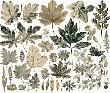 sheel full of various vintage leafs ornaments clipart, victorian age, separated each, white background,