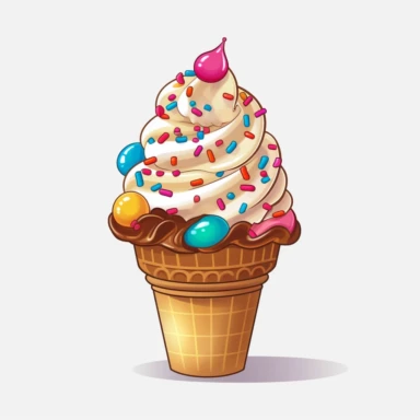 Generate a clipart image of a birthday cake with an ice cream theme. Incorporate elements like ice cream cones, scoops of ice cream, and colorful sprinkles to create a cake that resembles a giant ice cream sundae.