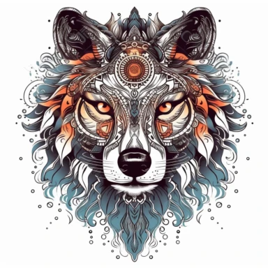creative tattoostyle wolf clipart scribble, elaborate indian decor, white background