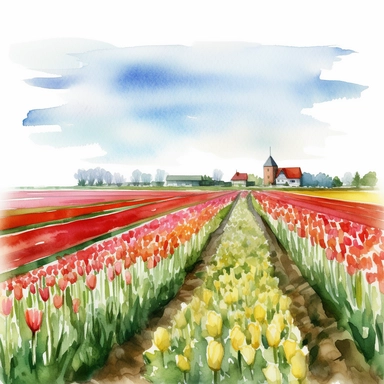 tulip fields in holland, watercolor clipart, in the style of charming illustrations, meticulous design, painted illustrations, ferrania p30, sharp details, rich details, free brushwork, isolated white background