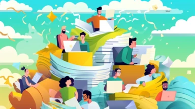 a simple flat microsoft office clip art style illustration of a messy pile of documents driving employees crazy, manufacturing business on the background, light green blue yellow pastel color palette