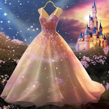 Background: A magical and enchanting setting with a shimmering castle in the distance, surrounded by blooming flowers and twinkling stars, creating an atmosphere of fantasy and wonder. Foreground: A stunning clipart of a princess dress, intricately designed using the power of Generative Art. The dress embodies elegance, grace, and charm, with flowing layers, delicate details, and a touch of whimsy. Key Elements: Ethereal Colors: Soft pastel hues and a touch of iridescence bring the princess dres
