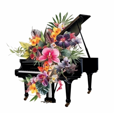 baby grand piano tropical floral clipart, varying angles and orientations white background