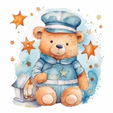 watercolor sailor bear with stars by the free art set of clipart clip art set, in the style of light cyan and dark beige, sabattier filter, multidimensional layers, dark white and light orange, layers of texture, sharp linework, vector, illustration, white background