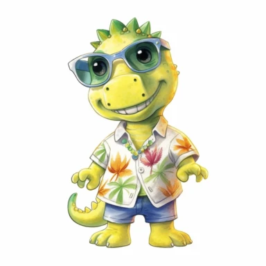 summer, cute Dinosaur wearing a Hawaiian shirt, cute pose, watercolor illustration for kids and children, clipart, sublimation, white background, brightly colored style, realistic color schemes, luminescent color scheme