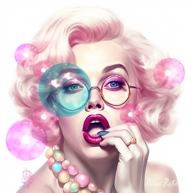 smiling angelic Marilyn Monroe blowing a pink bubblegum bubble and wearing pink glasses with big glass baby blue eyes clipart, white background, looking adorable and cute with shinny eyes and a teddy bear beside him with a human face, pastel colors and pastel light pinks and pastel purples and reds flowers and roses with majestic colors and majestic close up fantasy ethreal magical eternal clear water, Confident white tiger, nature, greens, river, turquoise, blues, pastel colours, light pink, sh