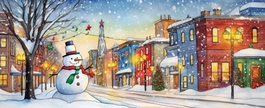 Watercolor drawing, christmas lights, large snowman, the city at night, the lights on, bright colors, ultradetailed hd, style by Lucy Fleming, watercolor, smooth gradients, black contour outline, ultra detailed, clipart elements, delicate pastel colors, solid white background, super clear, high quality