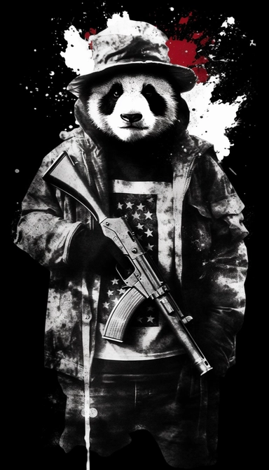 Panda dressed as a graffiti artist holding a gun black and white, silhouette of American flag background, clip art by Mr. Brainwash