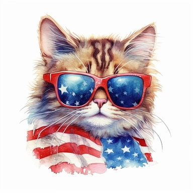 4th of july cat in sunglasses, beautiful, realistic, colored pencil and watercolor, white background, clipart, illustration, comic, magic