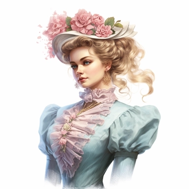 pastel colored Victorian Lady in the style of digital airbrushing, realistic yet stylized, digitally enhanced, elaborate dresses with flowers and bows, 32k uhd, detailed crosshatching white background, clipart