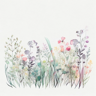 light pastel color high resolution many field blossoms, floral bottom low border, watercolor clipart, white background