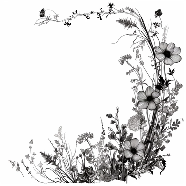 modern, minimalistic set of wildflowers in the shape of one giant L shape corner of the image frame, in the style of hand-drawing black and white on a clean white background, wedding clipart flowers