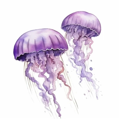 Watercolor clipart of purple jelly fish, whimsical, fun, isolated on a white background with a wide margin, high quality, sublimation, 300 DPI
