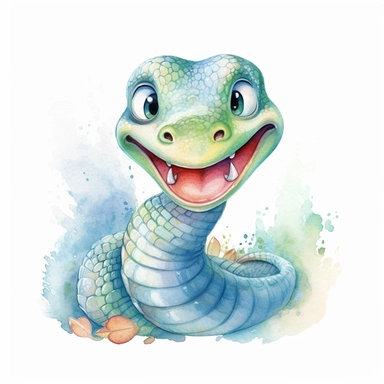 a captivating watercolor clipart image with a white background and white margins, featuring a cute sweet kawaii extremely happy smiling cartoon snake. The ultra-detailed, hand-drawn elements capture the details. Use vibrant shades of various colors to create a visually appealing image