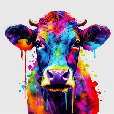 VERY COLORFUL cow, fully visible anamial, whole animal, no image cropping, clean borders, , wwatercolors resembling, super clear, WATERCOLOR, Sublimation, PNG, Digital Clipart, 16K, hyper detailed, PLAIN BLACK BACKGROUND, PNG, AR 8:12 no clipping