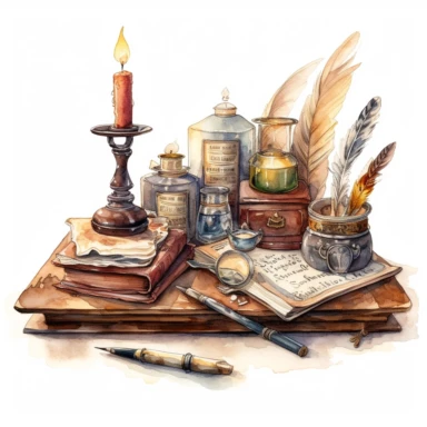 watercolor, hyper realistic, white background, white margins, 16k, ultra detailed clipart, cut out image, hand-drawn, whimsical a vintage quill pen and inkwell set on a wooden writing desk, surrounded by books and a candlestick holder, with warm hues of brown and sepia.