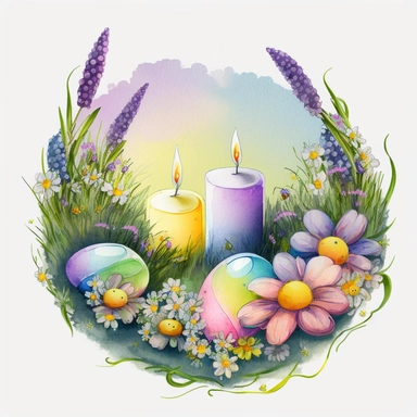 A beautifull Easter candles and eggs lying on the grass,daisies and lavenders,a sunny day, a lively and coloured landscape, watercolour effect, Suitable for Digital Clipart , White Background, fantastic scene , Kids storybook style, detailed , ultra realistic , in a flowering circle frame
